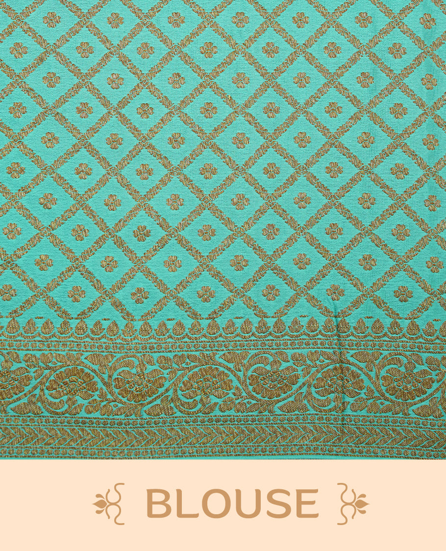 Dark Blue colour pure Banarasi georgette saree featuring gold zari Flower Motifs all over the body, complemented by an contrast sky blue dye colour with gold zari Floral Kodi Worked border and pallu, with matching blouse.