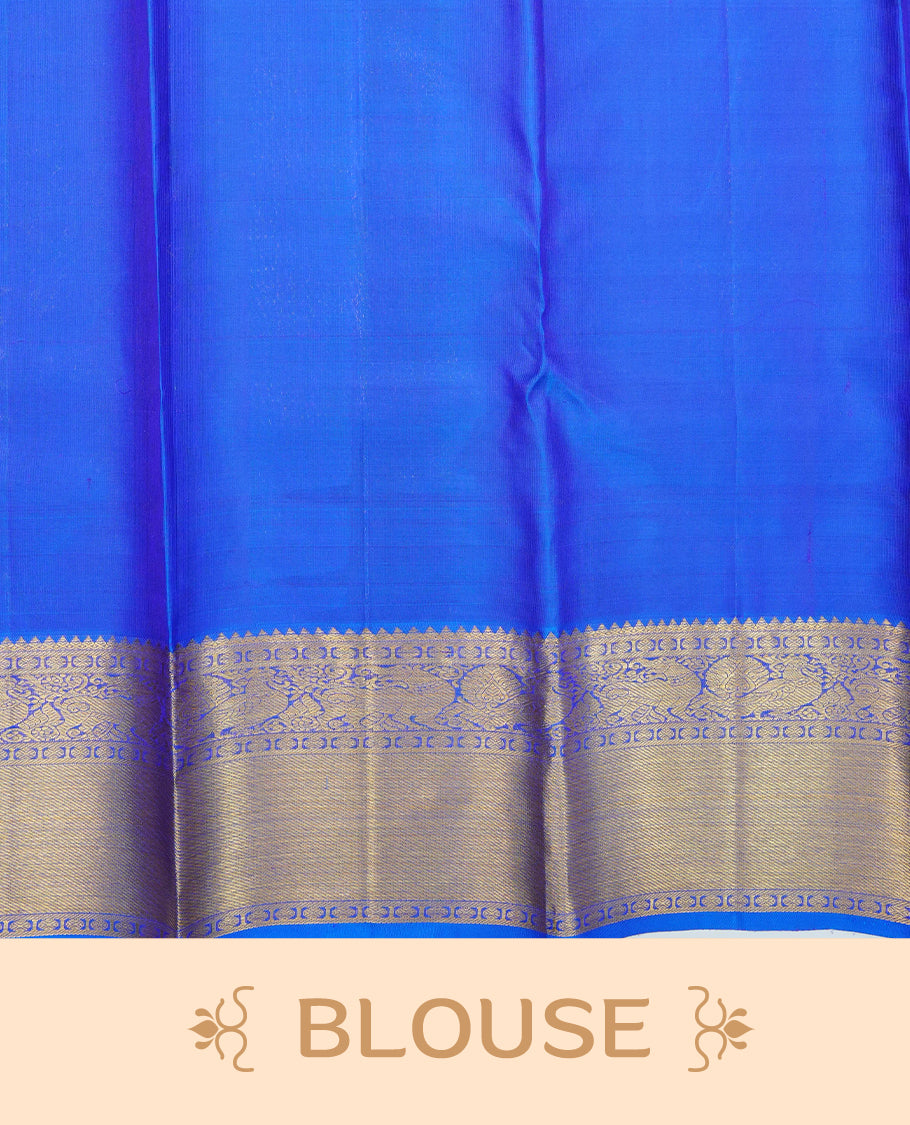 Blue colour Pure wedding silk saree featuring gold zari Check with designed & chakra motif pattern on body, complemented by self colour with traditional border, comes with a matching blouse piece.