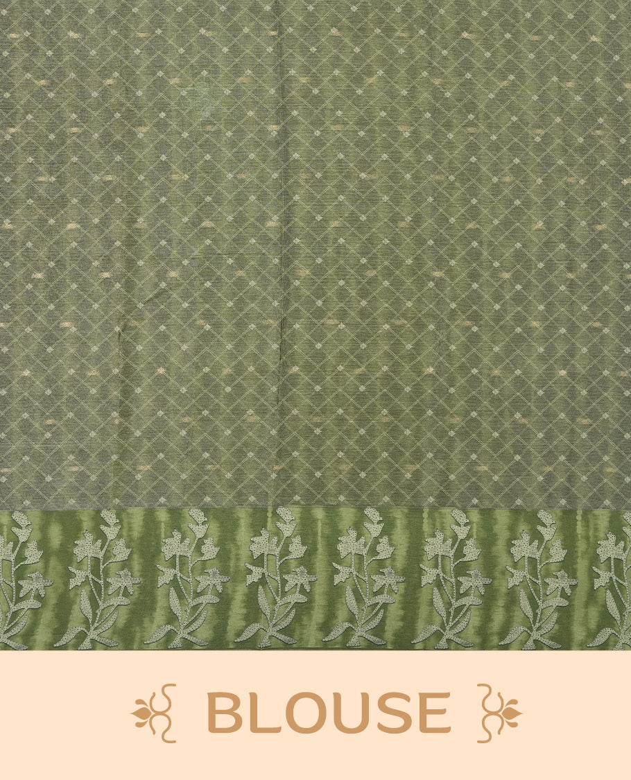 Sage green colour semi tussar saree adorned with Cream strip printed pattern across the body and Floral pattern contrast fern green colour on border, paired with a matching blouse.