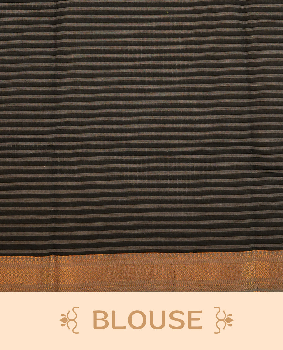 Grey  Colour Mangalagiri cotton saree featuring elegant Black stripes Across The Body , a Two Inch Gold  zari border & Gold Zari Pallu, Paired With a matching blouse piece.