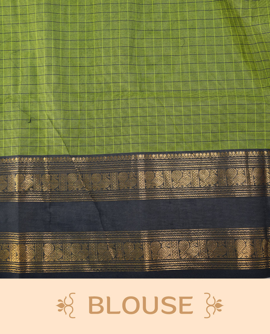 Green colour chettinad cotton saree featuring check pattern on body, complemented by contrast black with gold zari border, paired with matching blouse piece.