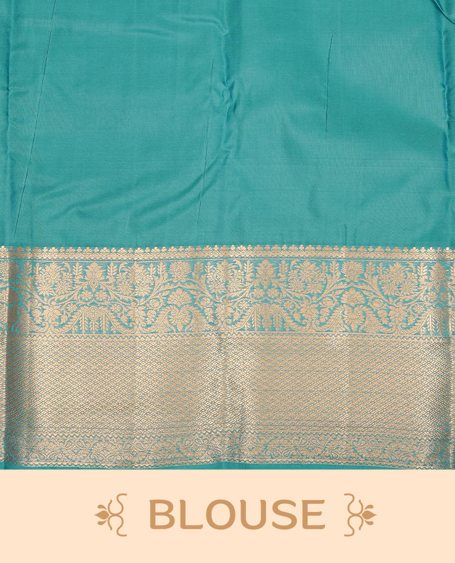 Cadmium Green Semi Wedding Silk Saree featuring Gold Zari Motifs On body, Complemented with traditional zari with Self colour border, paired with matching blouse piece.