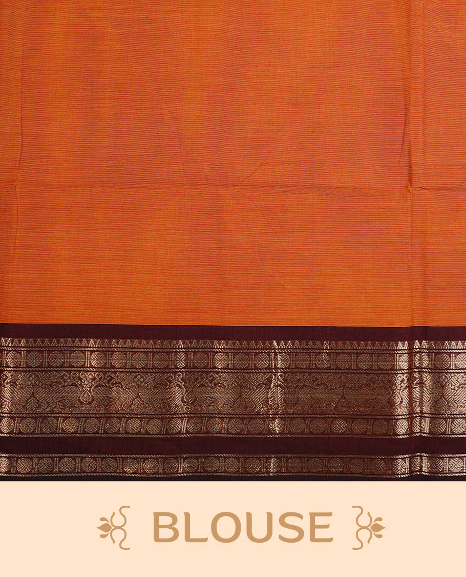 Brick orange colour chettinad cotton saree featuring Elegant plain body, complemented by contrast Black colour with Gold zari border, paired with matching blouse piece.