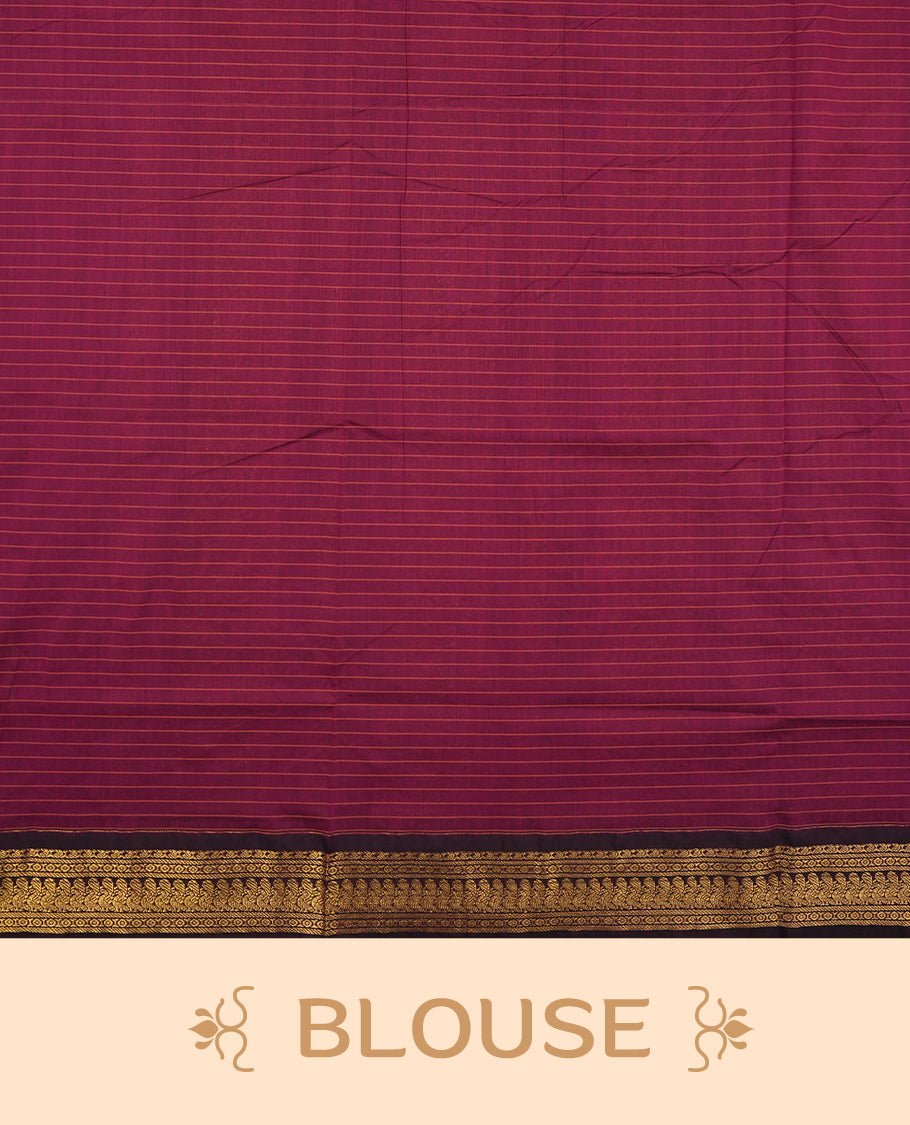 Mustard yellow coloured mixed Kalyani cotton saree featuring golden zari checks on the body, complemented by a grape purple coloured border and pallu adorned with golden zari patterns, Paired with a matching blouse.