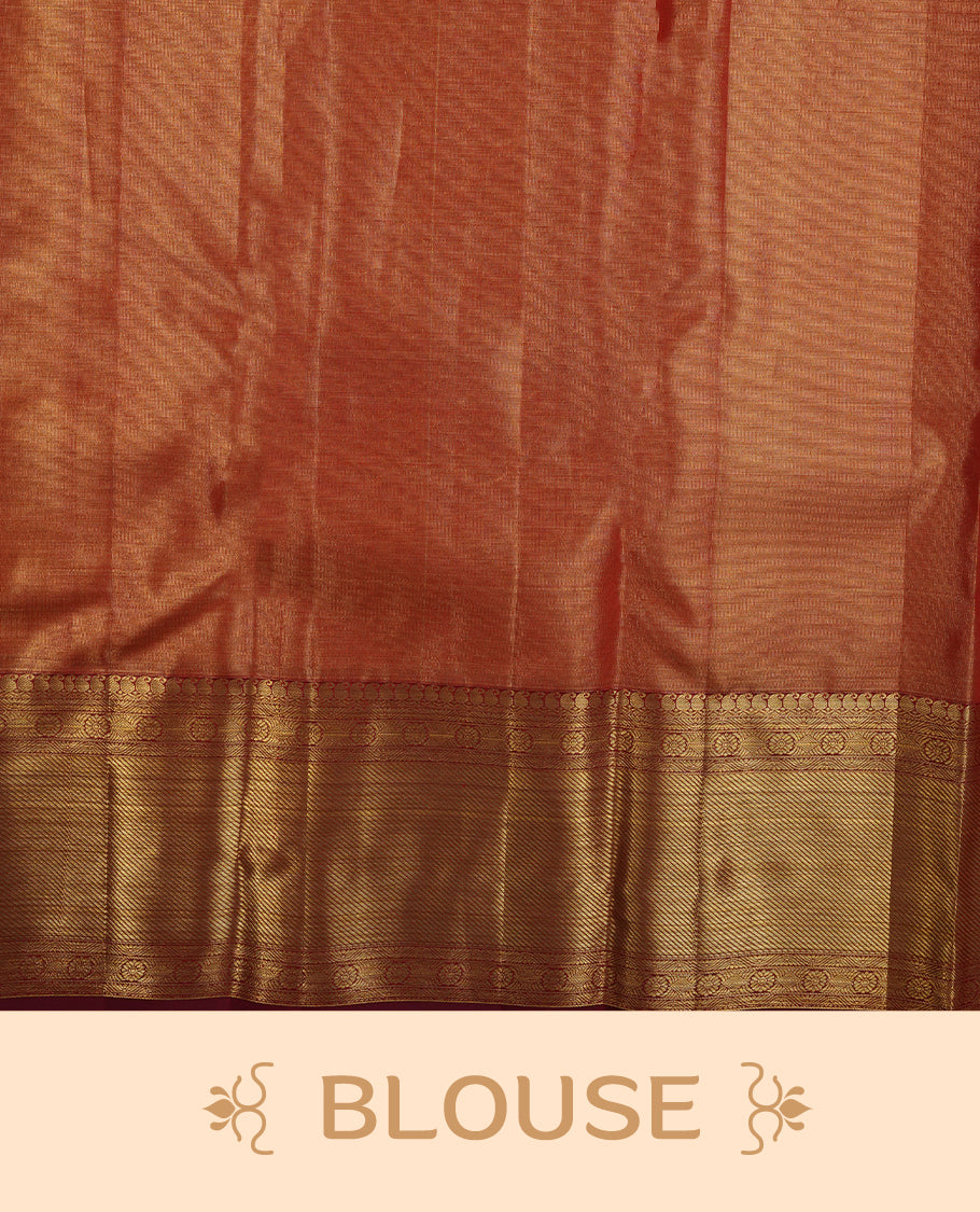 Red & gold double shade colour kancheepuram tissue silk saree highlighting gold kodi zari pattern body, with contrast maroon colour colour with traditional border and paired with matching blouse.