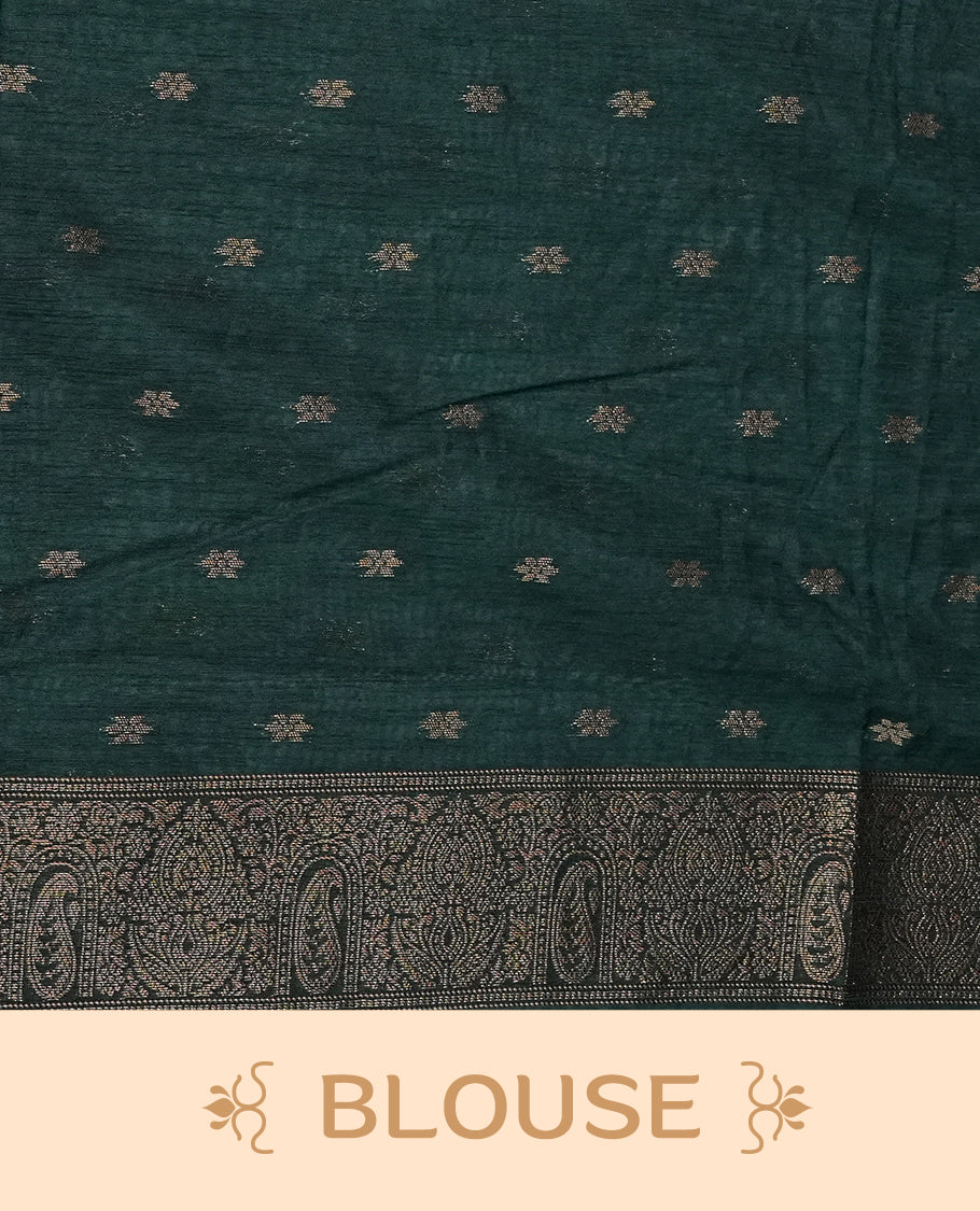 Mustard yellow colour semi linen saree with elegant gold zari Leaf motifs across the body, complemented by a contrast forest Green colour with grand gold zari pallu and a borderless design, paired with a matching blouse piece.