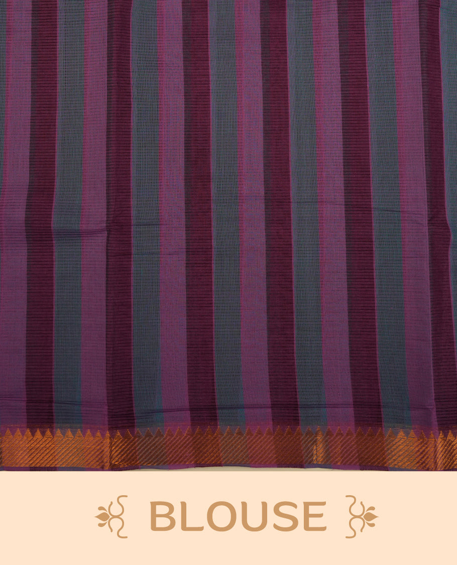 Teal Green,Purple  & Lavender Colour Mangalagiri Cotton Featuring Contrast stripes On Body, Complemented By Gold Zari border & Contrast Pallu ,Paired With Matching Blouse Piece.