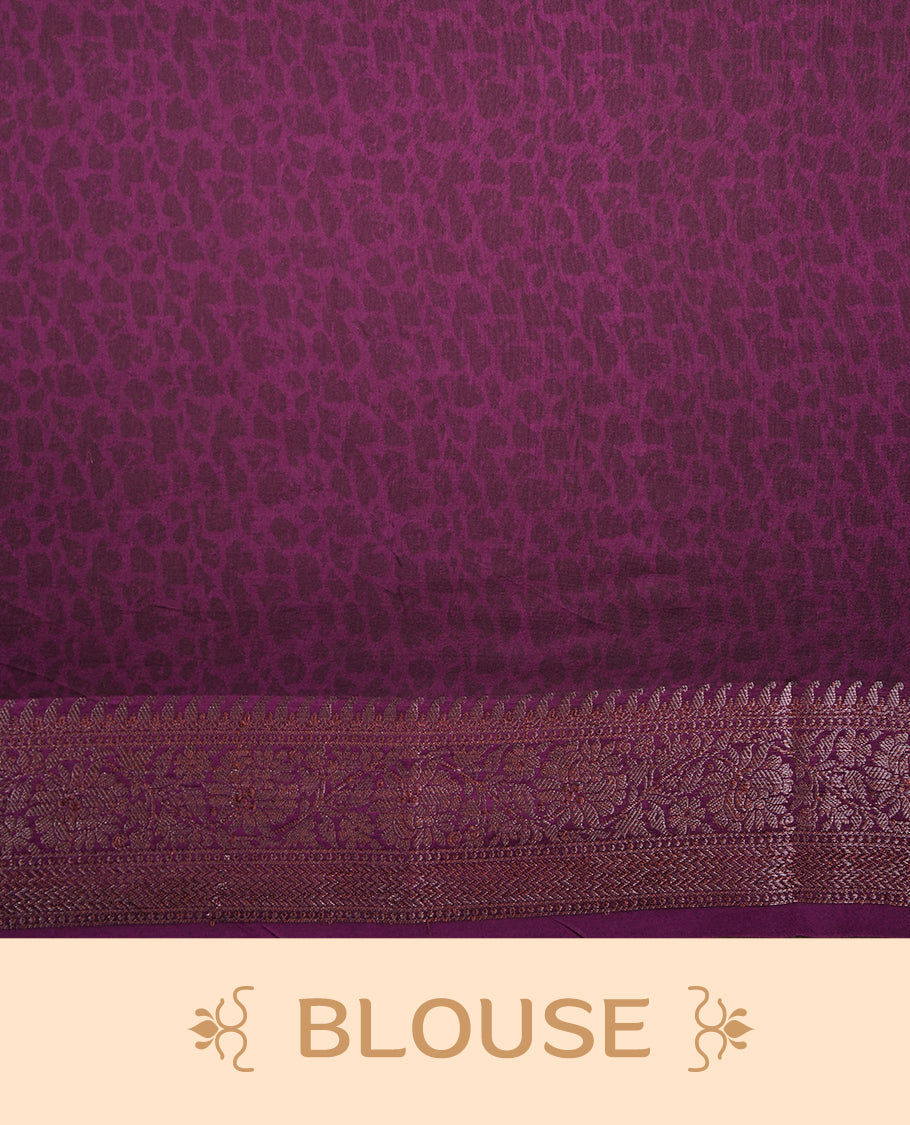 Purple colour chanderi silk saree featuring white stripped print pattern across body, with Antique zari pattern border and paired with matching blouse.