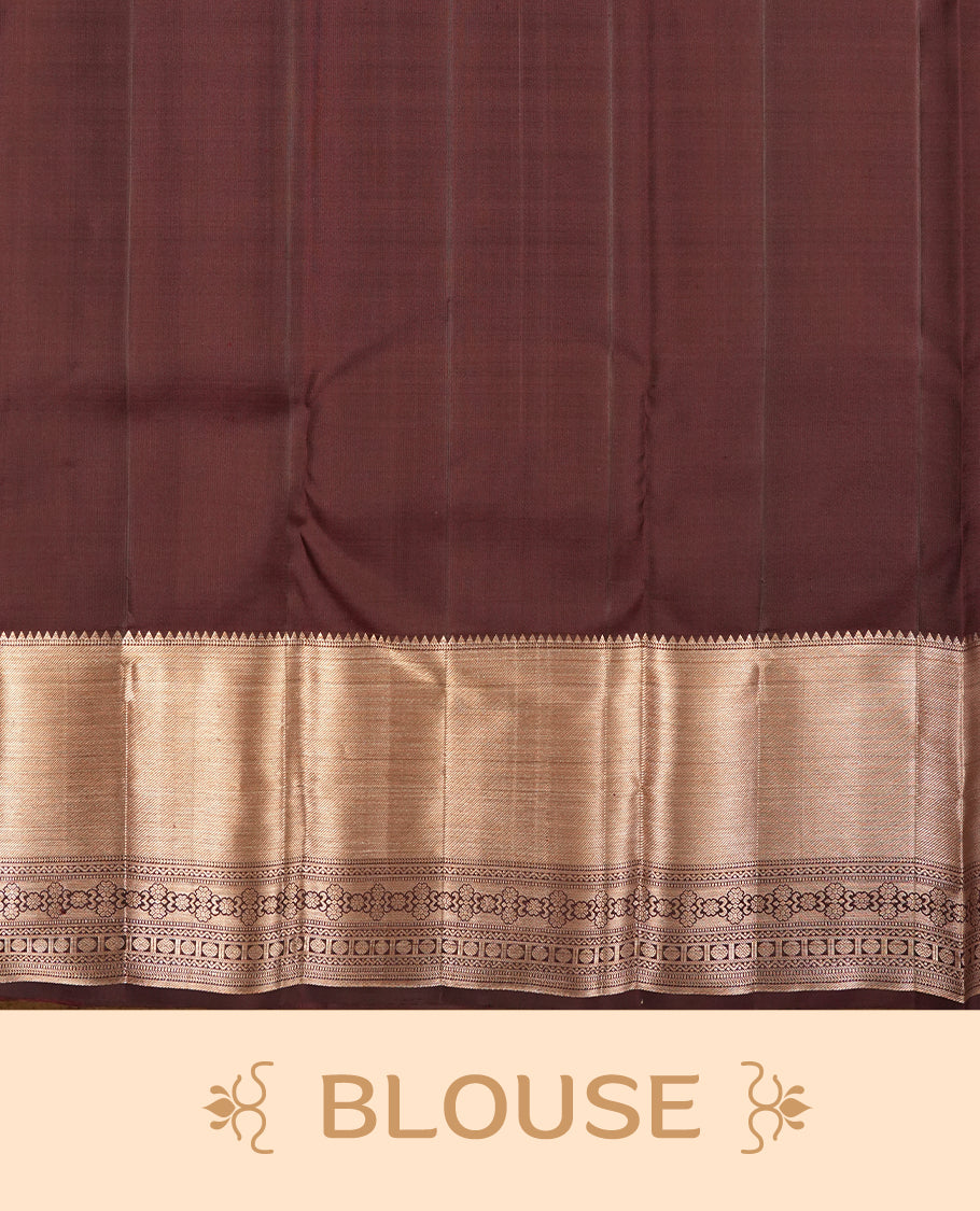 Chocalate brown colour Kanchipuram Samudrika Silk Saree featuring Floral kodi pattern weaving with gold zari jacquard and a traditional zari border, paired with a matching designer jacquard blouse piece