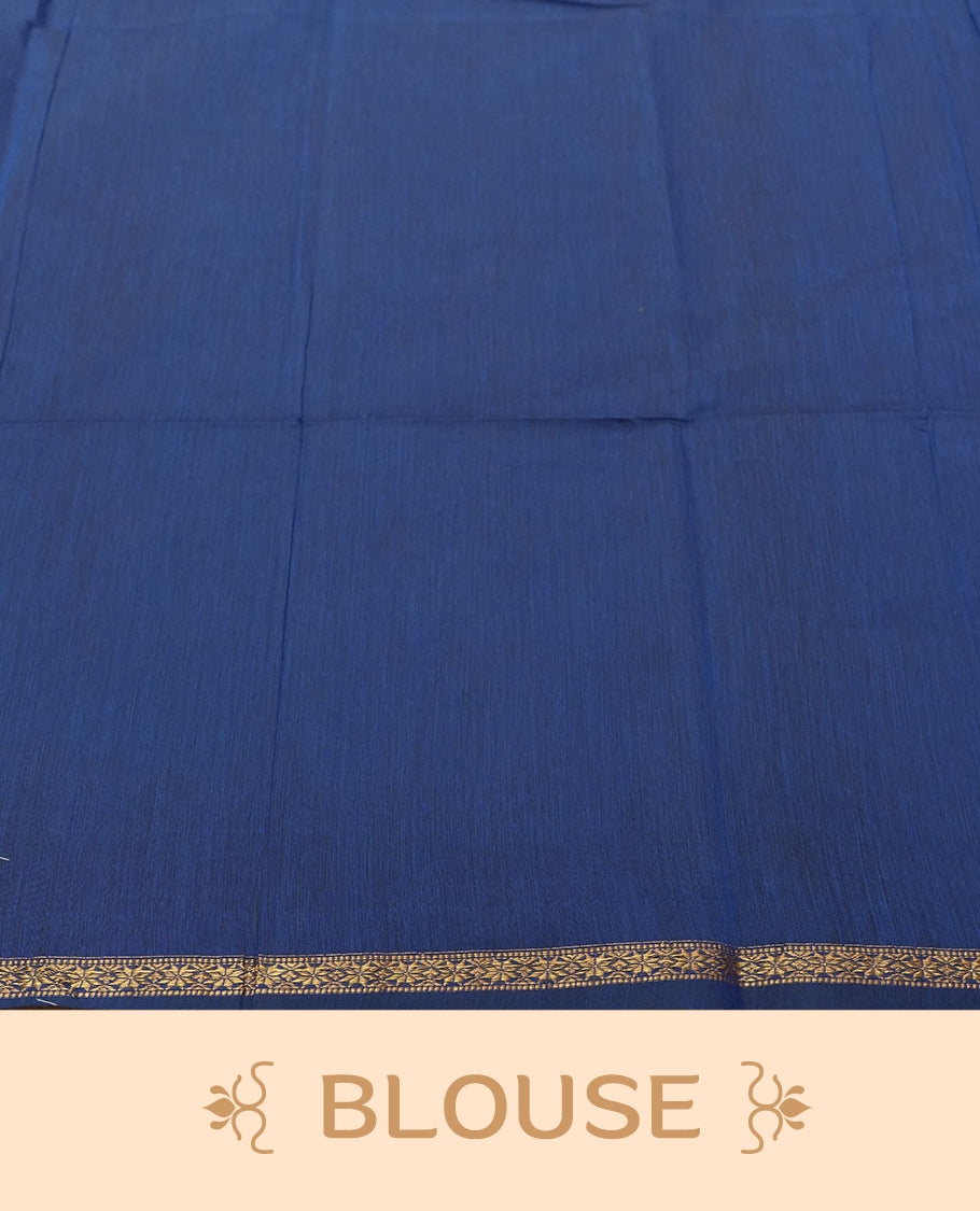 Mustard Yellow and Royal Blue Colour silk cotton saree with tiny zari star buttas, blue pallu with pinstripes and scattered buttas, slim antique-gold borders, and a plain blue blouse with matching zari edging.