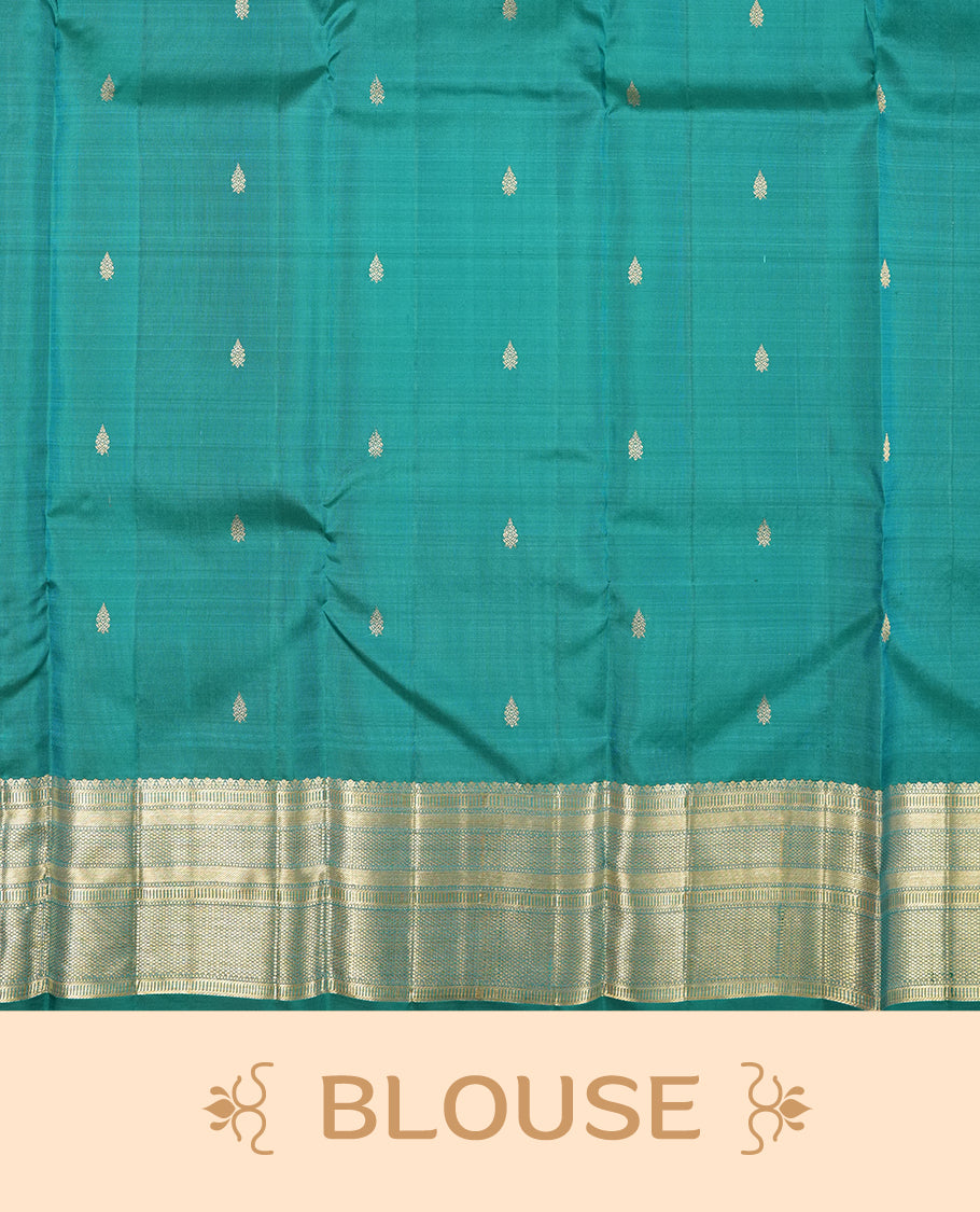 Peacock blue colour Kanchipuram Samudrika Silk Saree featuring Floral kodi in square pattern weaving with gold zari jacquard and a traditional zari border, paired with a matching designer jacquard blouse piece