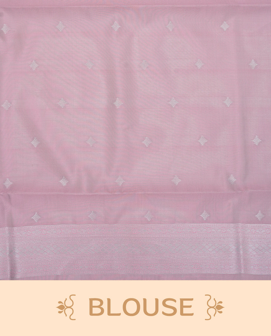 Aqua colour semi silk saree featuring Silver zari Design pattern on body, complemented by contrast Lavender colour with silver zari border, comes with matching blouse piece.
