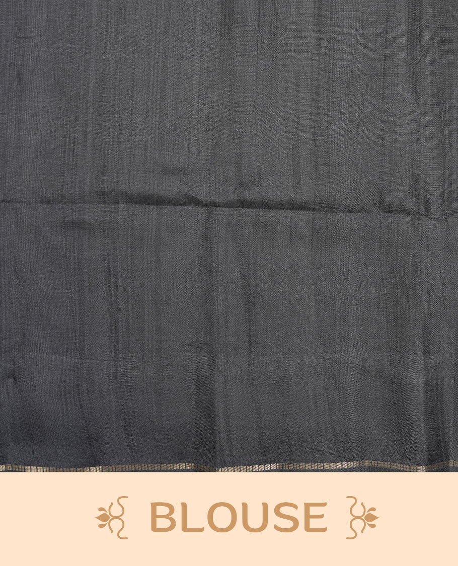 Gray colour semi tusser silk saree featuring Gold zari check pattern across body, faded contrast cream colour border with elephant print and paired with matching blouse.