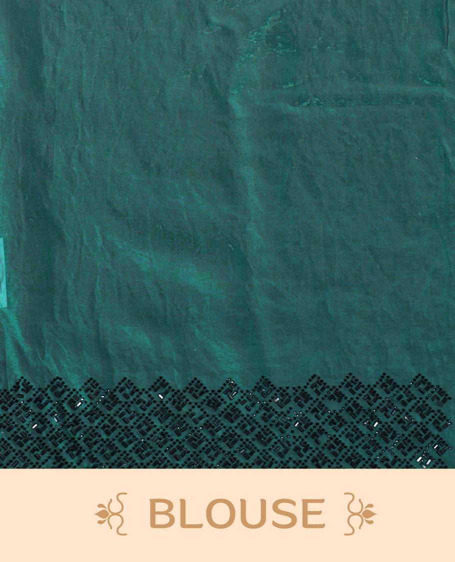 Dark pine green colour velvet chiffon designer saree, featuring black thread embroidery kodi pattern on body, black cut stone work and heavy stone border, pallu and Paired with matching blouse.