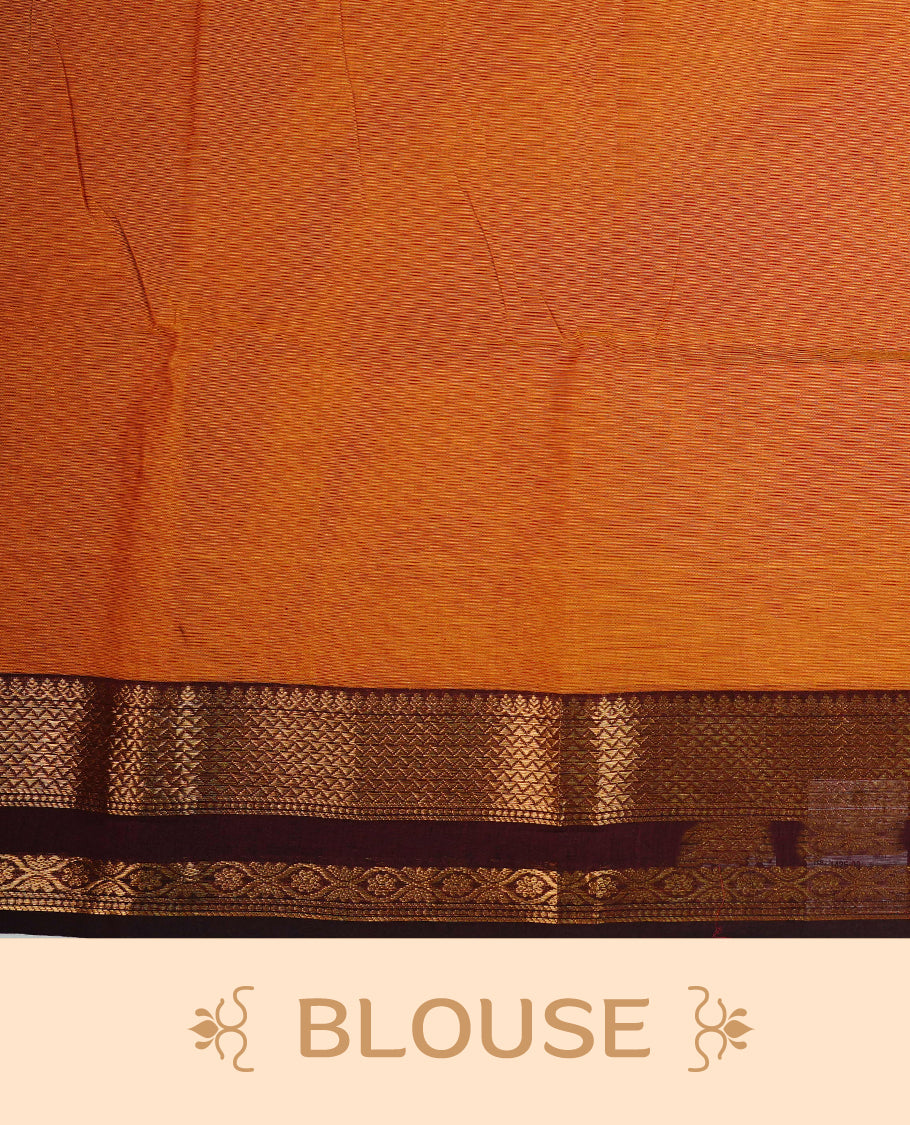 Rust Orange colour chettinad cotton saree featuring  Plain body, complemented by Contrast Maroon Colour With Gold Zari border, paired with matching blouse piece.