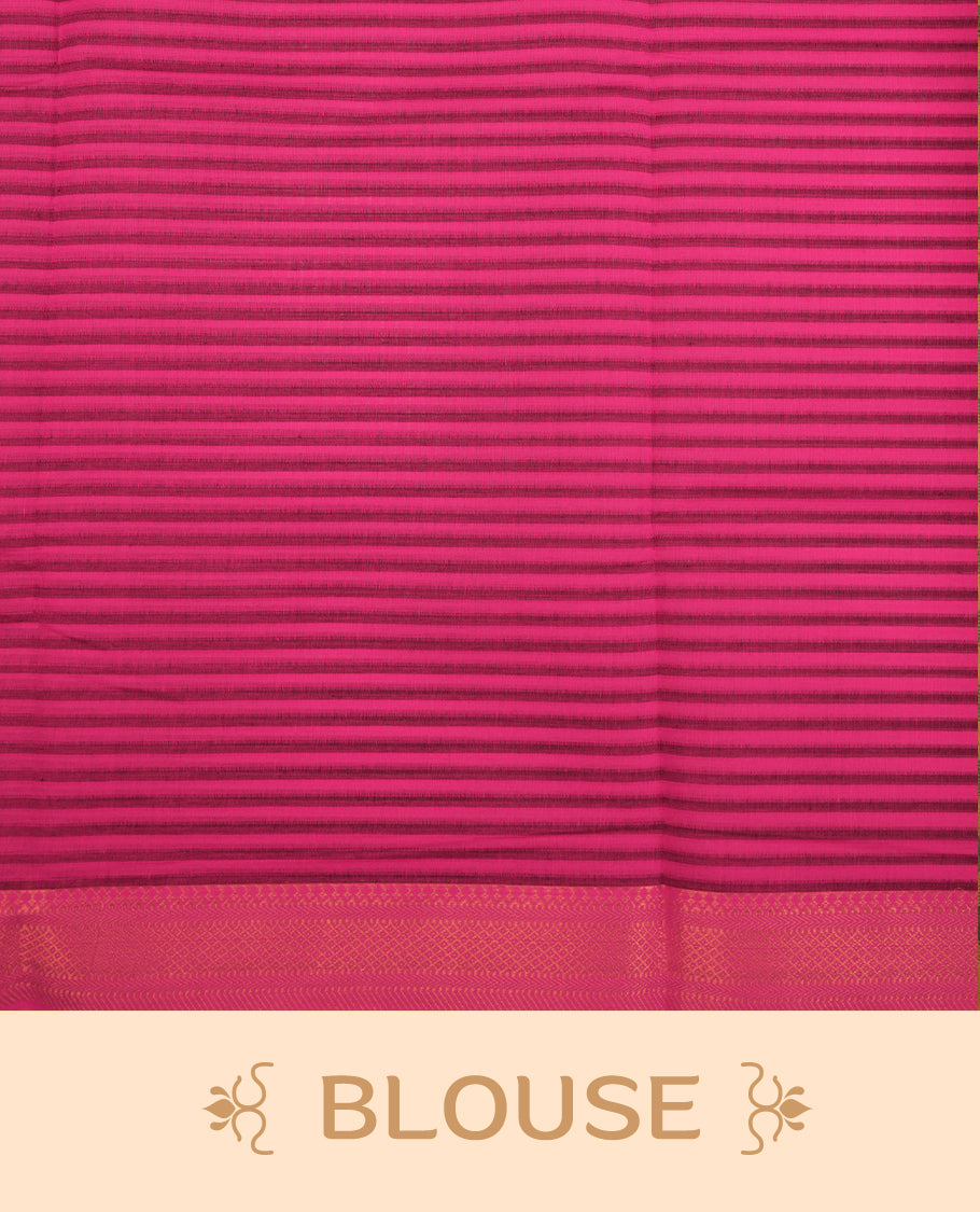 Magenta Mangalagiri cotton saree featuring elegant Black stripes, Complemented by Contrst Pattern with  Gold  zari border & Contrast  pallu, Paired With a matching blouse piece.
