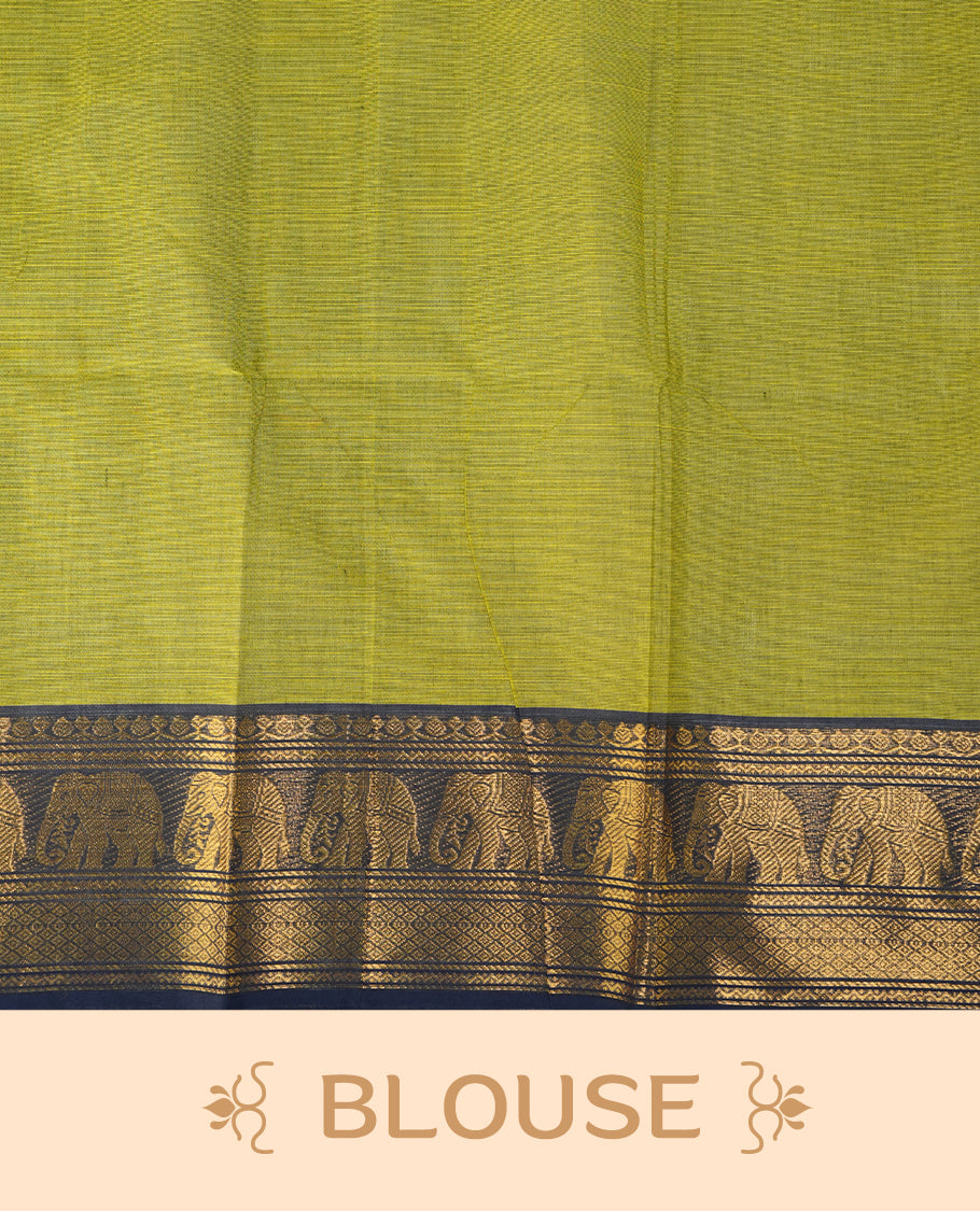 Olive green colour chettinad cotton saree featuring small buttas on body, complemented by contrast blue colour with gold zari border, paired with matching blouse piece.