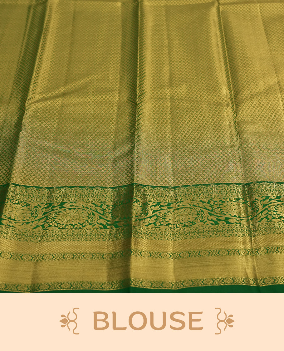 Antique golden Zari Tissue Brocade Saree features intricate a red colour flower Motifs on body and a green colour border & pallu with traditional patterns, paired with matching blouse