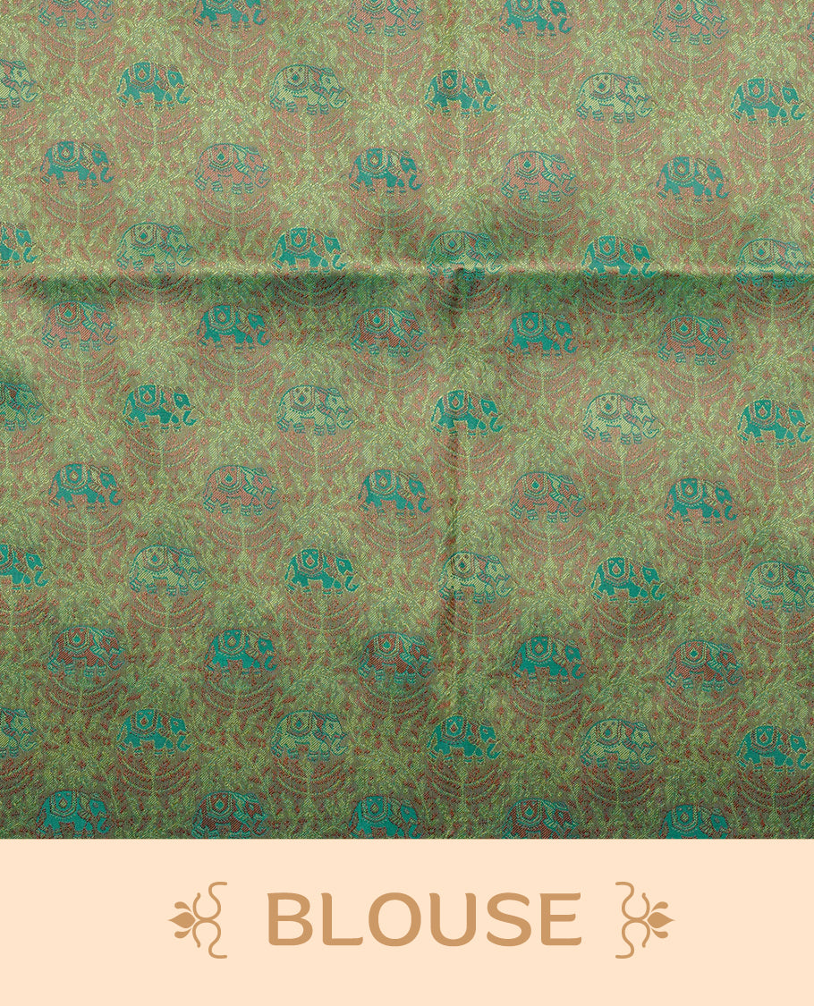 Green colour Mulberry silk saree featuring gold zari elephant & floral kodi pattern across body, complemented by self colour border with gold zari work, comes with matching blouse piece.