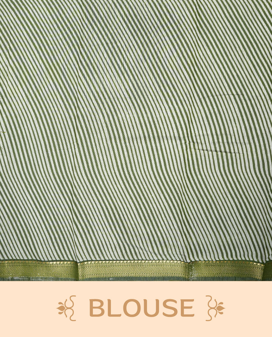 Olive green colour chanderi cotton saree featuring plain body, multicoloured printed geometric border with diagonal stripes, zigzag and floral motifs, golden zari border, and matching striped blouse.
