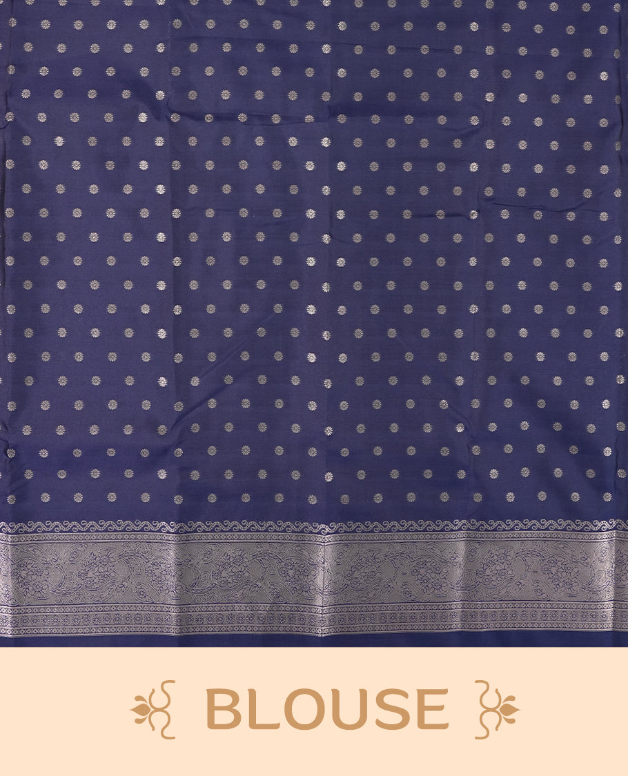 Navy Blue Colour semi Silk Saree with Silver Zari Woven Floral Motifs, Elaborate Silver Zari Pallu and Border with Traditional Patterns and Tassels, Paired with Coordinated Blouse Piece