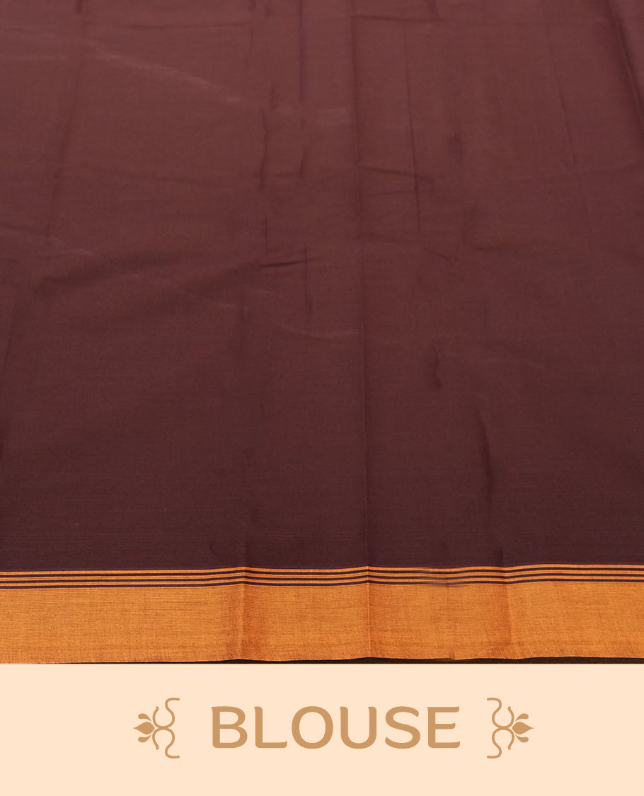 Dark Brown colour Silk Cotton Saree with Mustard Orange Circular Buttas on the Body, Contrasting Antique Gold Zari Pallu Featuring Intricate Floral and Geometric Motifs with Temple-Style Borders, Paired with a Coordinated Blouse Piece