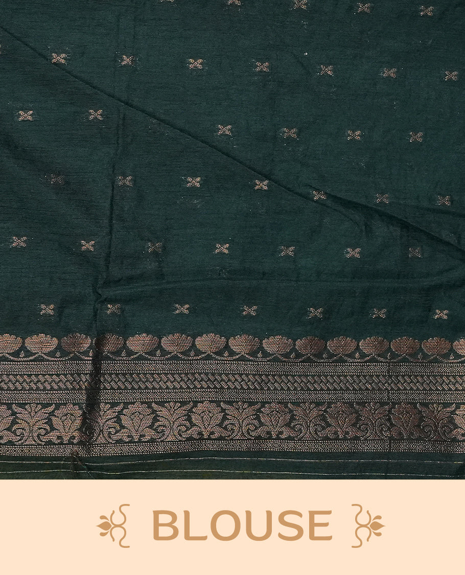 Mustard yellow colour semi linen saree with elegant gold zari floral motifs across the body, complemented by a contrast forest Green colour with grand gold zari pallu and a borderless design, paired with a matching blouse piece.