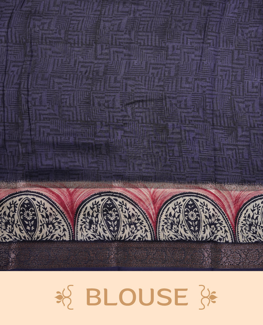 Khaki colour chanderi silk saree featuring geometric print pattern across body, with contrast Blue colour border with zari pattern and paired with matching blouse.