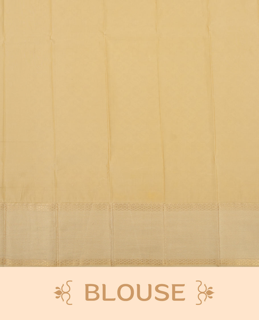 Burnt orange colour Semi Silk Saree with gold zari striped patterns on the body, paired with a contrasting cream colour traditional pallu and border, and a matching blouse piece.