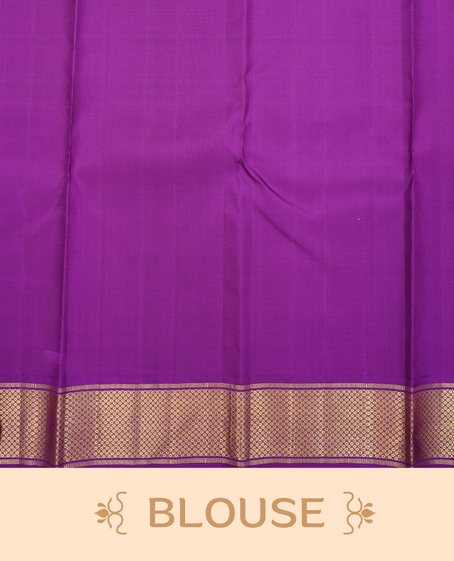 Pink colour Traditional Kancheepuram silk saree featuring Gold & silver zari leaf pattern on body, Contrast purple colour with gold zari border, comes with matching blouse piece.