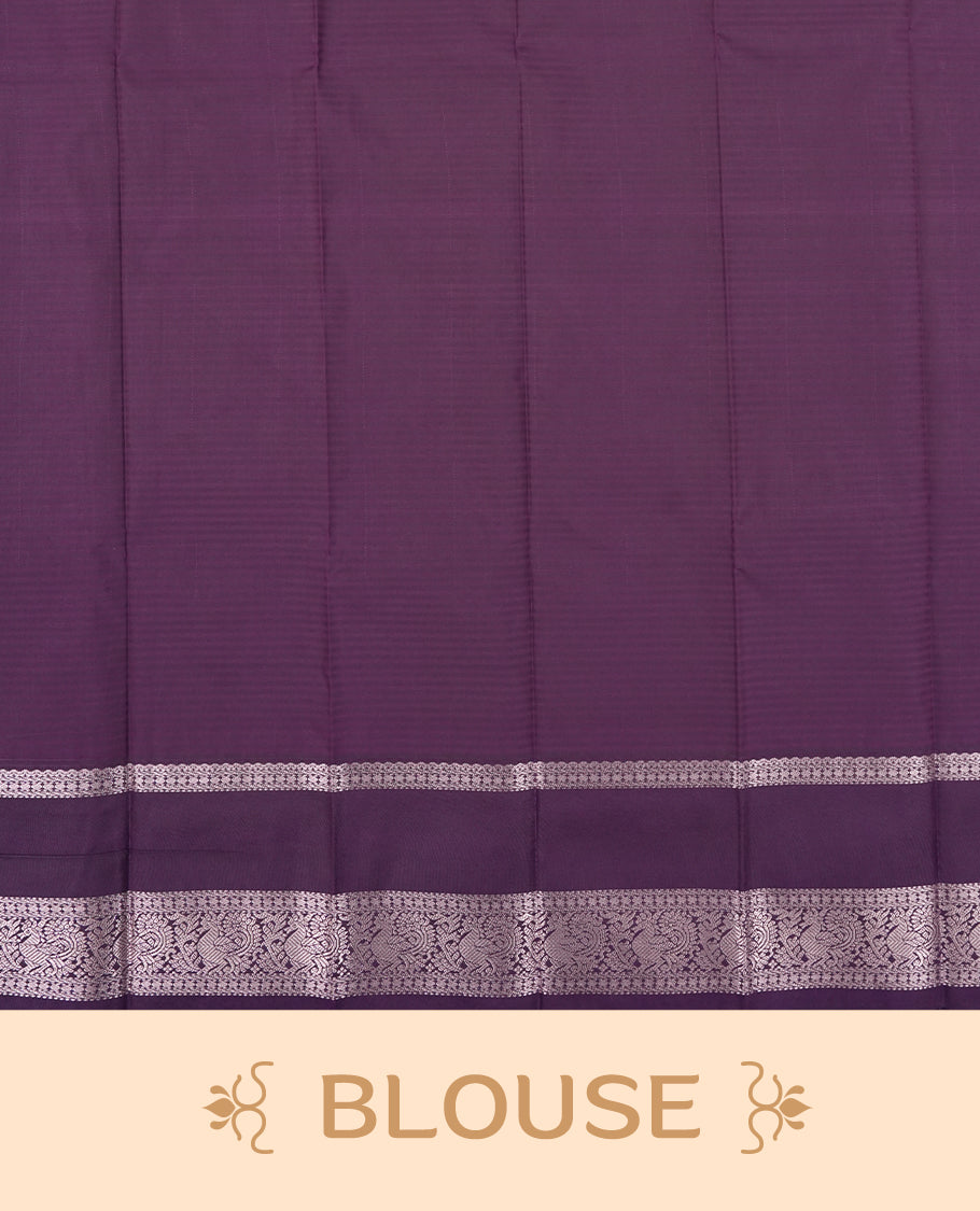 Aqua blue colour Semi Silk Saree with silver zari patterns on the body, paired with a contrasting dark violet colour traditional pallu and border, and a matching blouse piece.