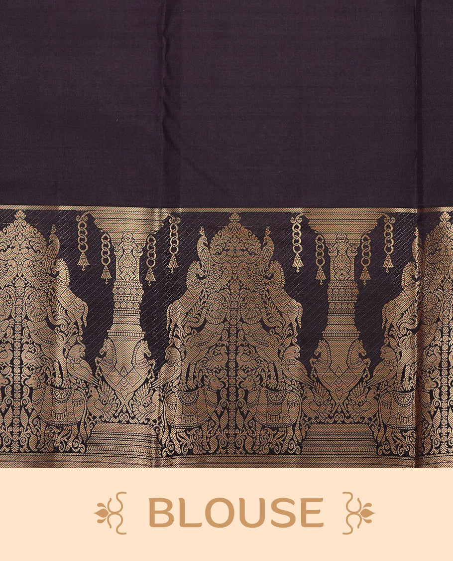 Cream colour Traditional Kancheepuram silk saree featuring gold zari motifs on body, enhanced with contrast Black with traditional border with green piping, paired with matching blouse piece.