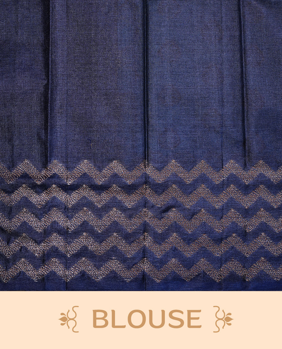 Aqua Blue Colour Tussar silk saree featuring Antique Zari motifs on body, Finished with contrast Blue colour Zigzag zari pattern border, paired with matching blouse piece.