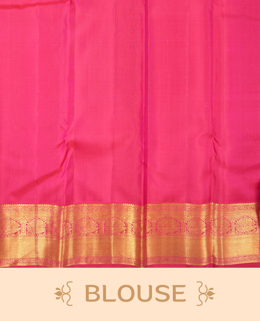 Magenta purple colour Kanchipuram Samudrika Silk Saree featuring Floral kodi pattern weaving with gold zari jacquard and a traditional Kanchipuram zari border, paired with a matching designer jacquard blouse piece