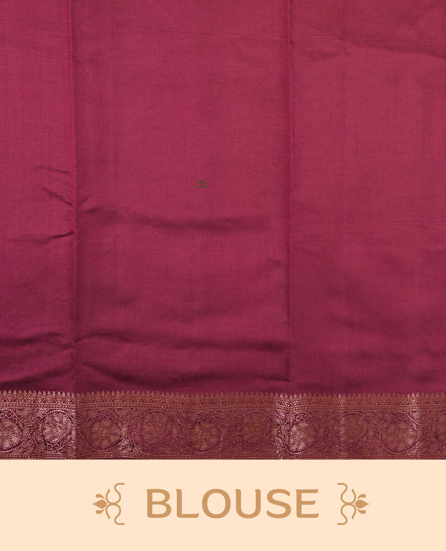 Golden Yellow Colour Banaras Soft Silk Saree with Gold Zari Oval Textured Buttas, Simple Decorative Pallu Border, Grand Pallu with Ornate Circular and Foliate Motifs in Maroon and Gold Tones, and Matching Deep Maroon Blouse.