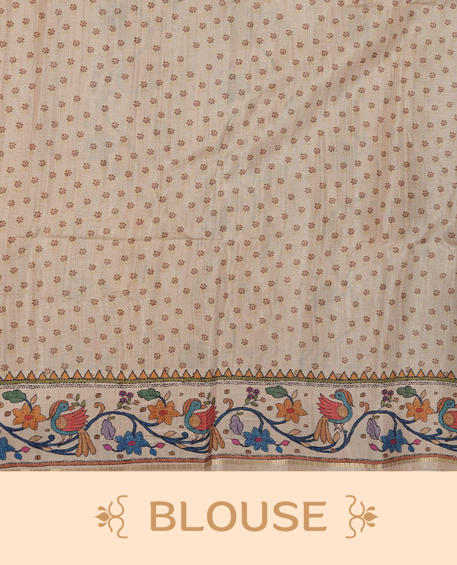 Olive green colour semi tusser silk saree featuring gold zari check pattern with floral butti motifs, with contrast floral kodi & bird pattern and paired with matching blouse.