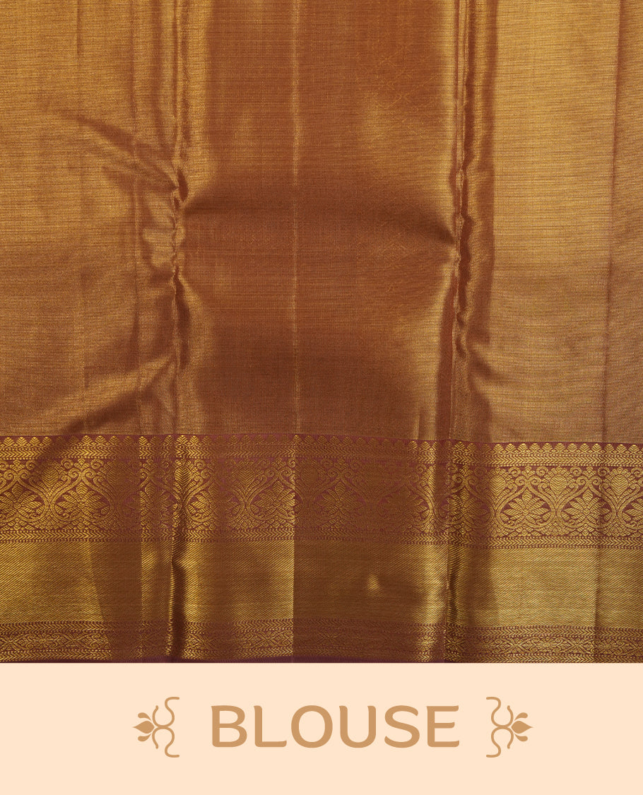 Brown & gold double shade colour kancheepuram tissue silk saree highlighting gold zari pattern body, with contrast Muted brwon colour colour with traditional border and paired with matching blouse.