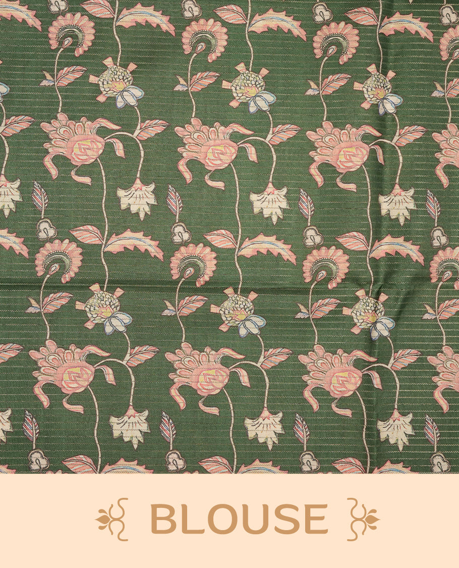 Green colour semi tussar silk saree featuring intricate peacock motifs on the pallu, subtle zari check pattern across the body, floral vine prints throughout, finished with tassels and paired with a matching printed blouse piece.