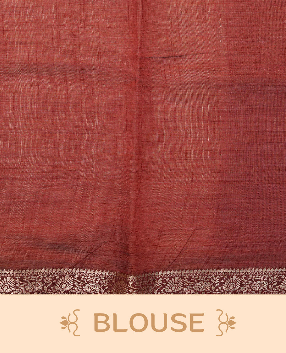 Light gold Colour Tussar saree featuring elegant plain body, complemented by contrast Maroon colour with zari work border, comes with matching blouse piece.