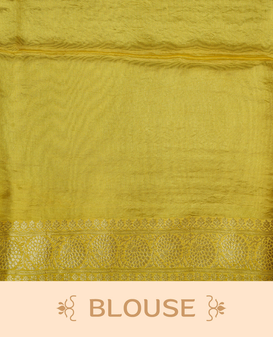 Yellow colour banaras crepe saree featuring gold & silver zari design stripes on body, complemented by self colour border, paired with matching blouse piece.