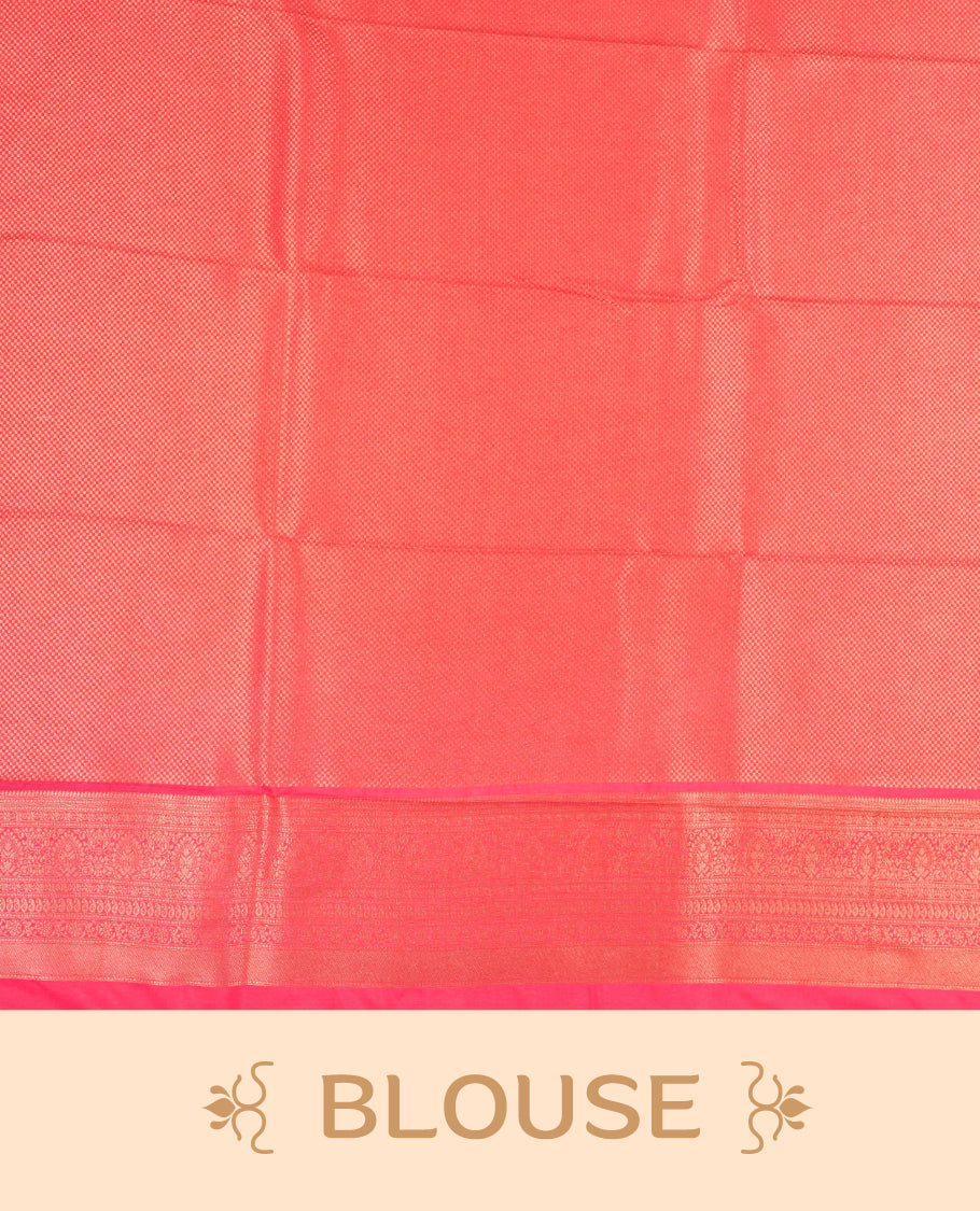 Watermelon colour semi silk brocade saree featuring intricate Gold butta patterns across the body, complemented by a rich self colour woven border and pallu, paired with a matching blouse.