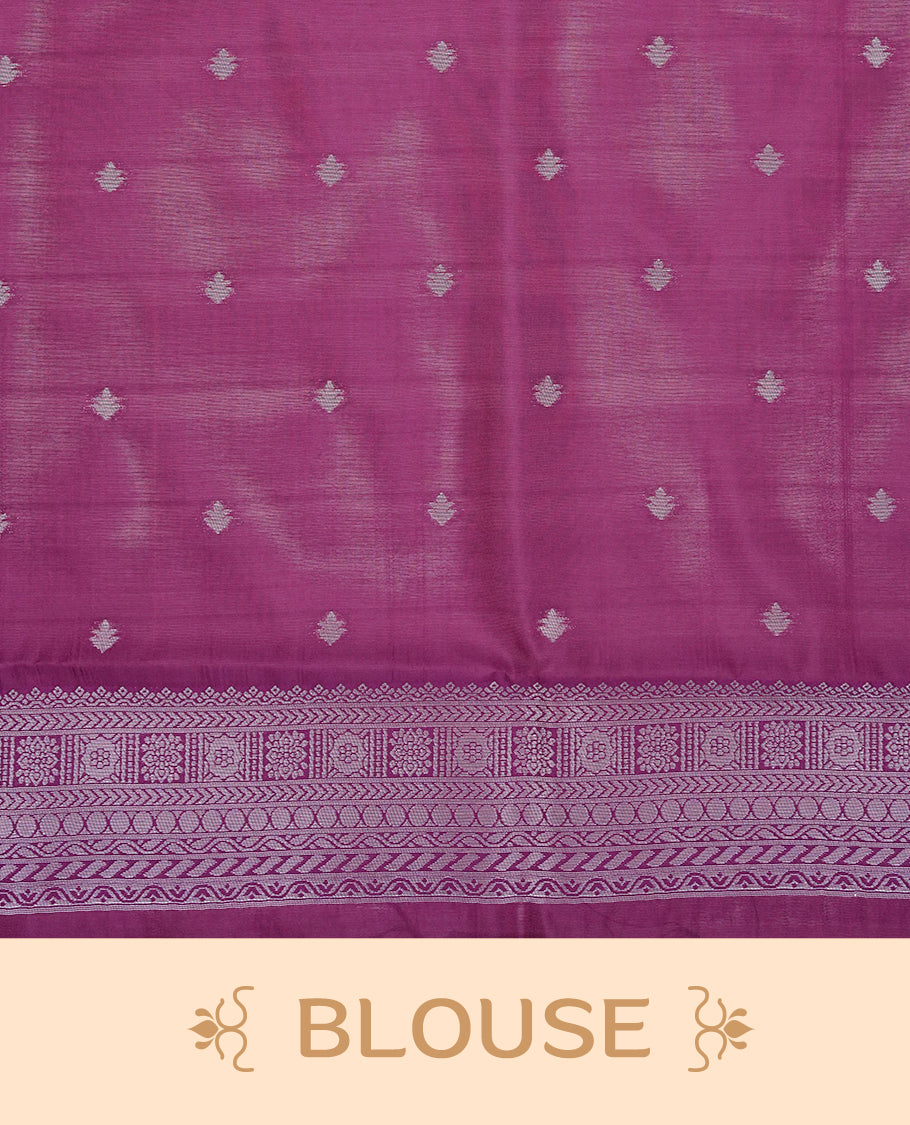 Pink colour semi silk saree featuring Silver zari Floral pattern on body, complemented by contrast Purple colour with silver zari border, comes with matching blouse piece.