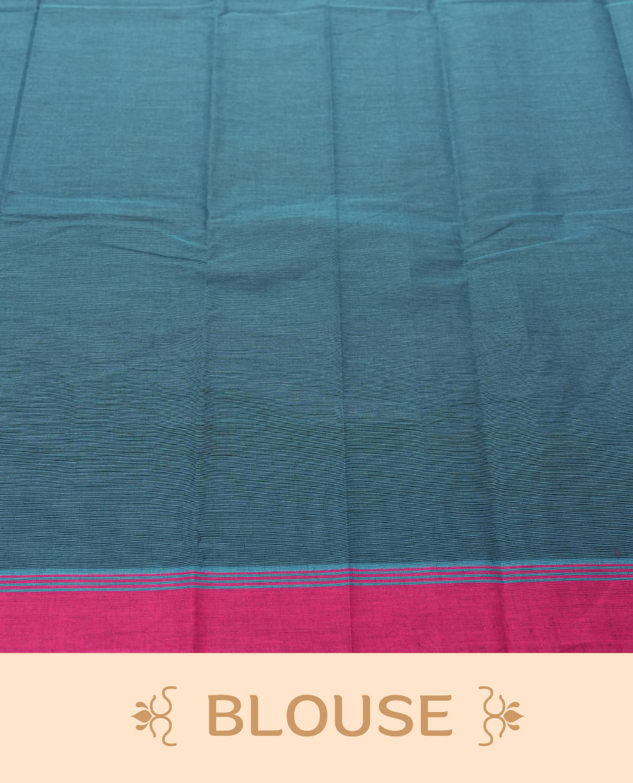 Teal Colour Silk Cotton Saree with Pink Dot Motifs Body, Accented by Pink Zari Border with Geometric Diamond Pattern Pallu, Paired with Matching Blouse Piece