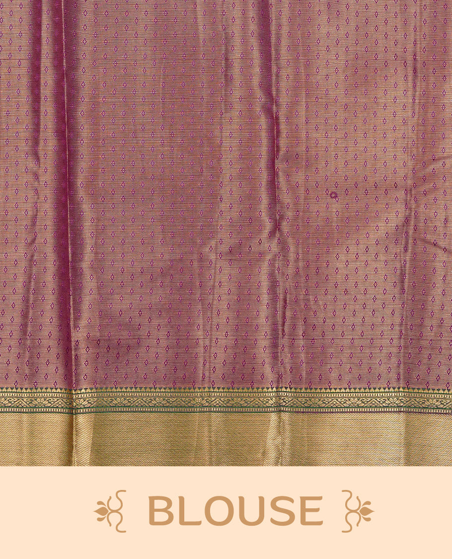 Deep purple & Gold Double shade Semi Tissue Silk saree featuring Light gold Kodi pattern on body, complemented by Contrast Green with gold zari border, paired with matching blouse piece.