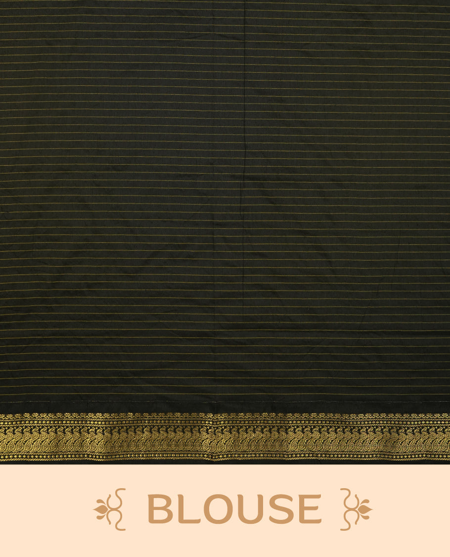 Burnt orange coloured mixed Kalyani cotton saree featuring golden zari checks on the body, complemented by a black coloured border and pallu adorned with golden zari patterns, Paired with a matching blouse.