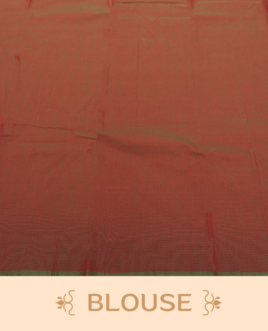 Bottle Green Colour silk cotton saree with fine gold pinstripes on the body, multitone rust-red striped pallu, and a plain rust-red blouse with a slim green edge