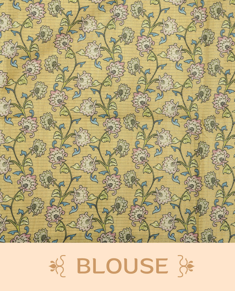 Mustard yellow colour semi tussar silk saree with Kalamkari-inspired peacock pallu, floral printed body, subtle textured weave, and tassel finish, paired with a matching printed blouse piece.