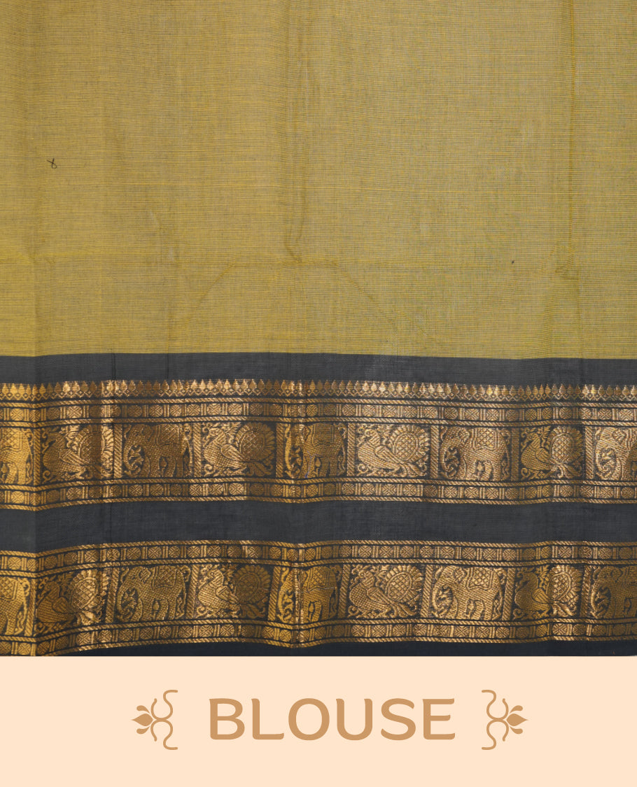 Olive colour chettinad saree featuring gold zari motifs on body, complemented by contrast black colour with traditional border, paired with matching blouse piece.