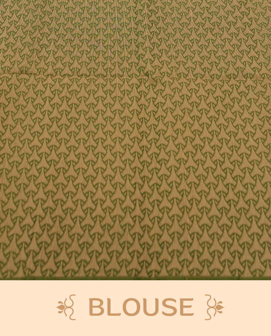 Mehendi Green Colour Silk Cotton Saree with Golden Leaf Butta Body, Contrasting Golden Zari Pallu & Border, Peacock and Floral Motifs, and Matching Woven Blouse Piece