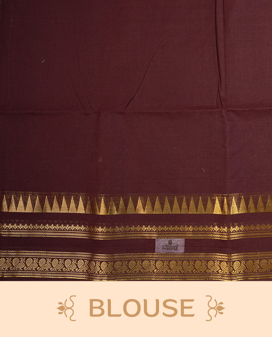 Dark chocolate Colour chettinad cotton saree featuring Elegant plain body, complemented by self colour with Gold zari border, paired with matching blouse piece.